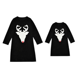 JOCESTYLE Parent-child Family Matching Clothes Cute Animal Deer Print Black Long Sleeve Dress O-Neck Mother Daughter Outfits
